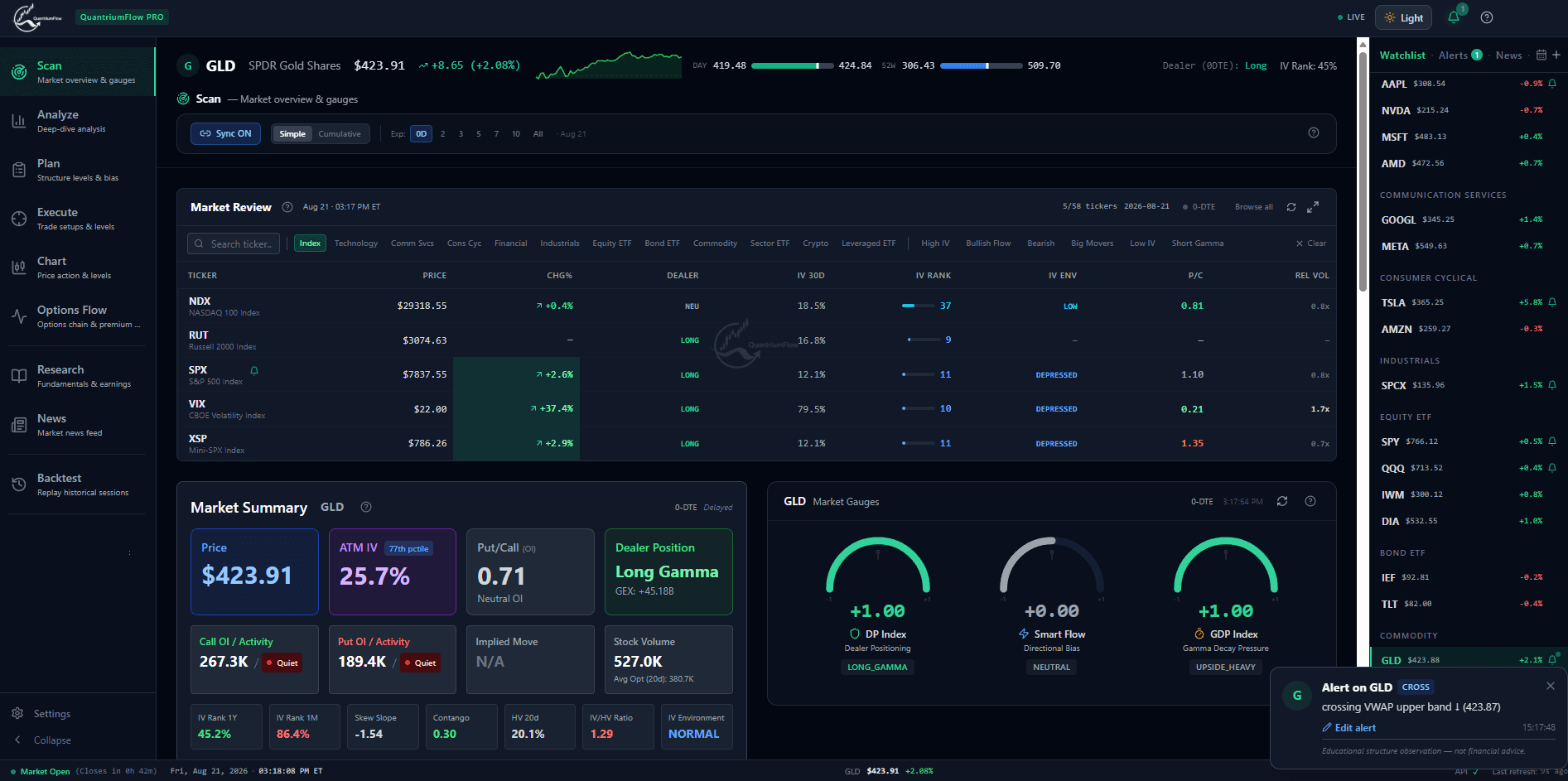 QuantriumFlow Options Terminal: full workspace with market overview, summary, and gauge cluster